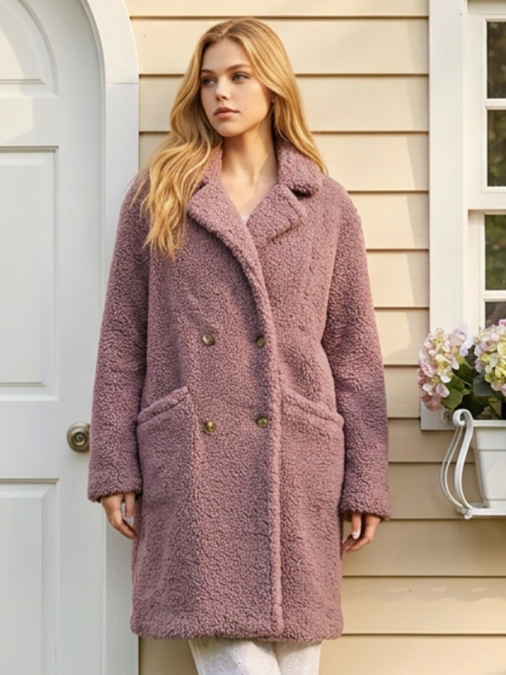 ASTR Plush Double-Breasted Teddy Coat in Dusty Mauve